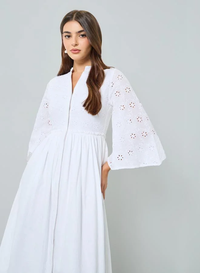 Styli Women White Schiffli A-Line Midi Dress